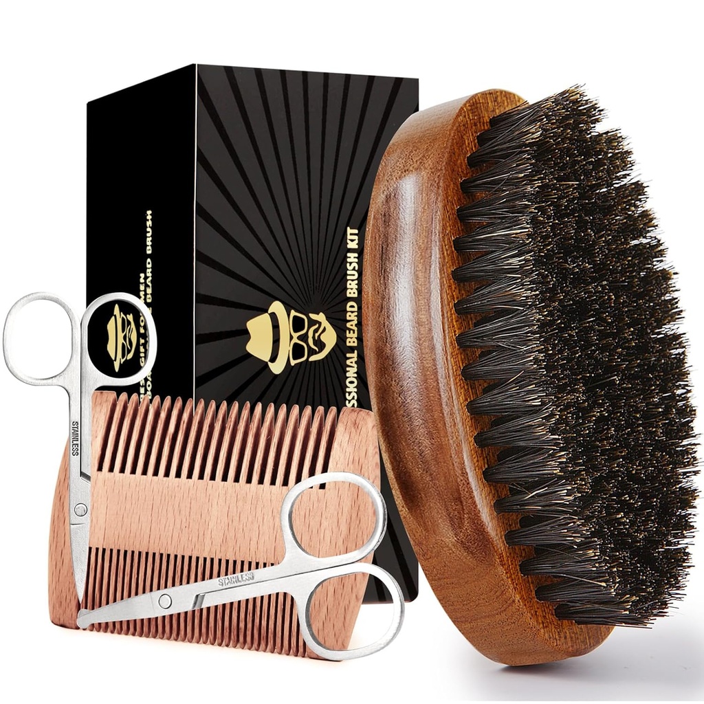 Čopič za moške, 100% Pure Boar Bristle Beard Brush, Set za brazde, vključno z Brada Comb, 2 Pcs Mustache škarje, in potovalna vreča
