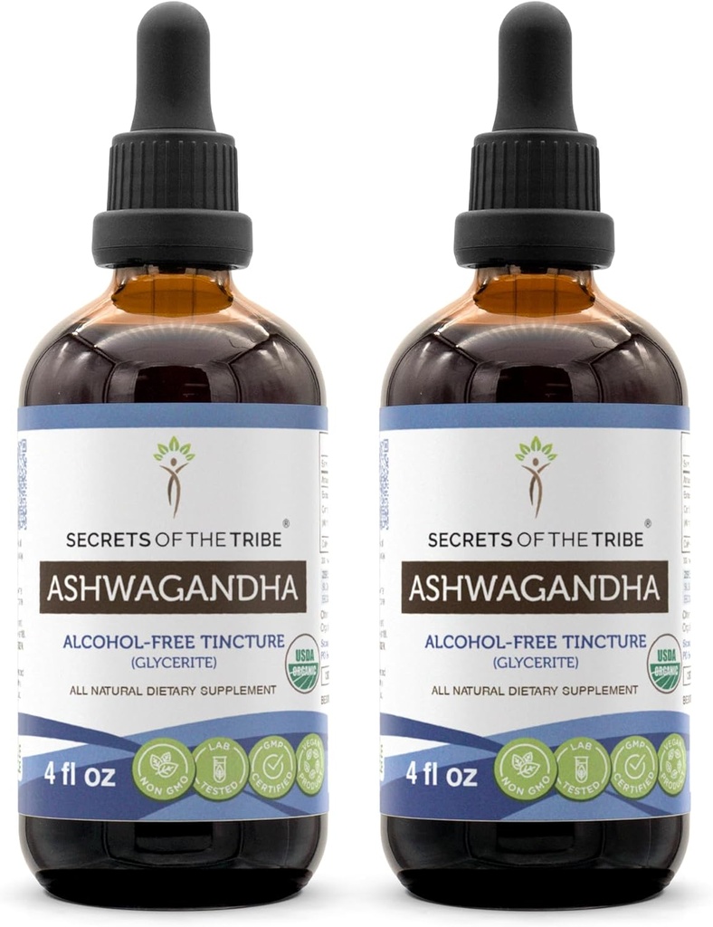 Ashwagandha Tinkture Extract brez alkohola, USDA Organic Ashwagandha Withania Somnifera Anti-Stres in sprostitev 2x4 OZ