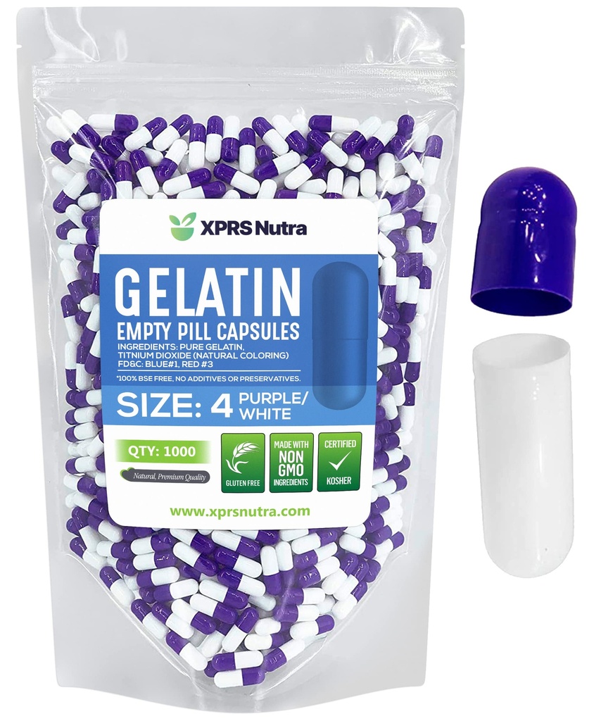 XPRS Nutra velikost 4 prazne kapsule - 100 Štetje majhnih praznih kapsul želatine - tablete DIY Kapsule Polnjenje - Napolnjene čiste goveje tablete Gel caps za Do-it-Yourself Supplements (Purple/White)