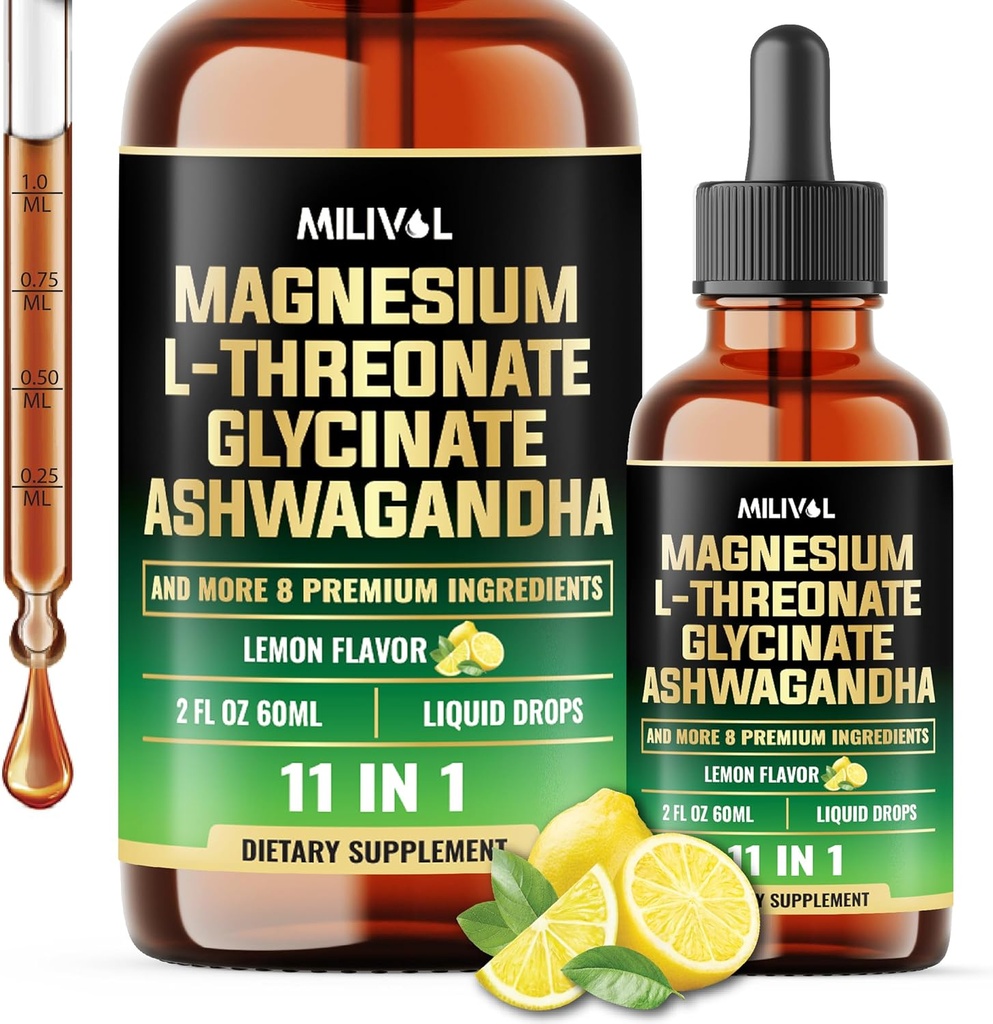 10v1 Magnezijev L-treonat Tekoče kapljice z magnezijevim glicinatom, Ashwagandha, vitaminom D3, C, B6 & 4 druge sestavine - 2 Fl Oz - limonina aroma