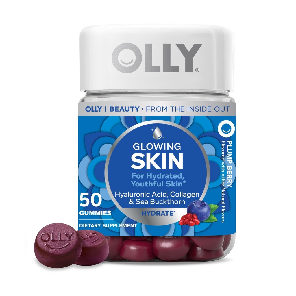 OLY Glowing Skin Gummy, Hydrated & Youthful Skin,* Hyaluronska kislina, kolagen peptidi, Sea Buckthorn, Plump Berry Flavor, 25 dnevna dobava - 50 število