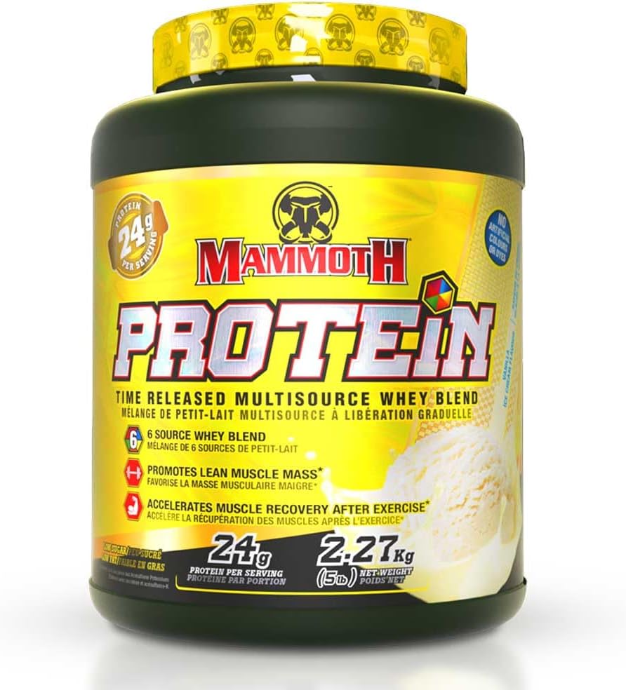 MAMAOTH PROTEIN PRAŠEK, VISOKI PROTEIN SHAKE, NADUČNA TIME-RELASE FORMULA, WHEY PROTEIN KONCENTRAT & ISOLATE, HIDROLYZED WHEY & MILK PROTEIN IZOLAT, CASEIN, 6 BIOAVABILNIH DLAČNIH VIROV, NIZKEGA SLADKORJA, VANILA, 5 LB