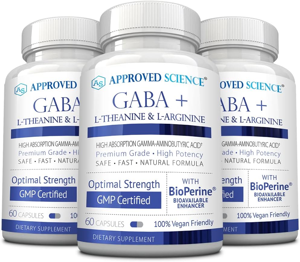 Odobrena znanost GABA+ - Spodbujanje mirnega, izboljšanega spanja, Boost Mood - GABA, L-Theanin, L-Arginin, vitamin B6, BioPerin - visoka absorpcija - 180 kapsul - Vegan