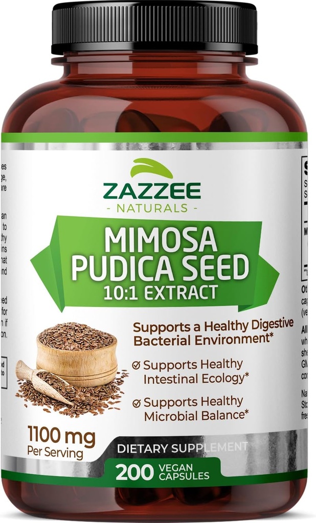 Zazzee Mimosa Pudica Seme 10:1 Ekstrakt, 200 Veganskih kapsul, 1100 mg, 3+ Mesečna zaloga, Močni 10:1 ekstrakt, Ne-GMO in vse-naravni