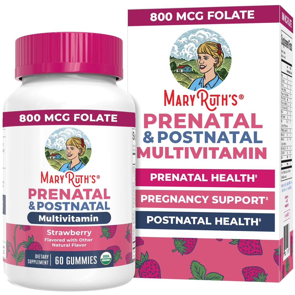 MARYRUTH'S Organics Prenatal Vitamins for Women | USDA Organic Prenatal Gummies | Postnatal Vitamins for Women Breastfeeding | Methylfolate 800 mcg DFE | Iodine | Vegan | Non GMO | 30 Servings