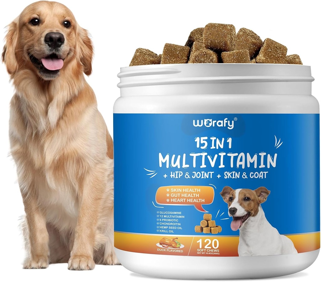 15-v-1 Dog Multivitaminski dodatki - Dog Multivitaminski žvečljivi - Imuniteta, Prebava, Skupno in zdravje srca Podpora za kožo, Coat Heart, Imunski sistem - za vse dobe Vse pasme (120 grofov)