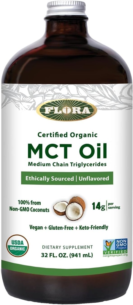 Flora - MCT Oil Certified Organic - Podpira mišično energijo in zdravje možganov - vsebuje C8 Kaprilna kislina & C10 Capric Acid - Non-GMO, Gluten-free, Vegan & Keto-Prijatelj - 32 fl. oz. Steklenica