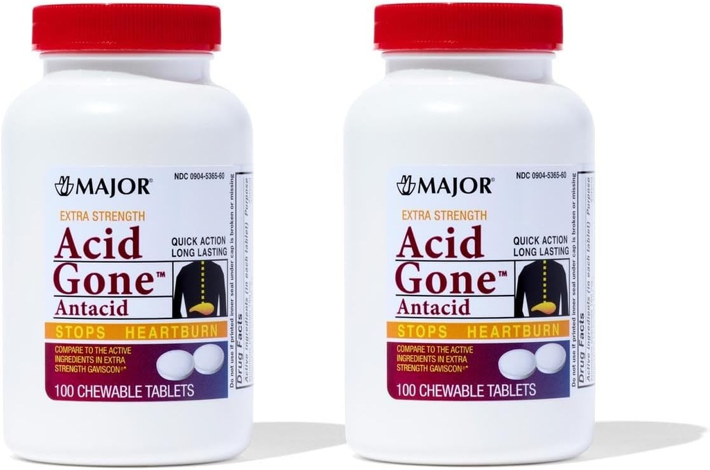 Velika kislina Gone Extra Strength Antacid žvečljive tablete - proti acid Reflux Medicina za odrasle - Vznemirjena želodčna sluznica, prebavne motnje in zgaga Relief - Dolgotrajna - 100-Count (2 paket)