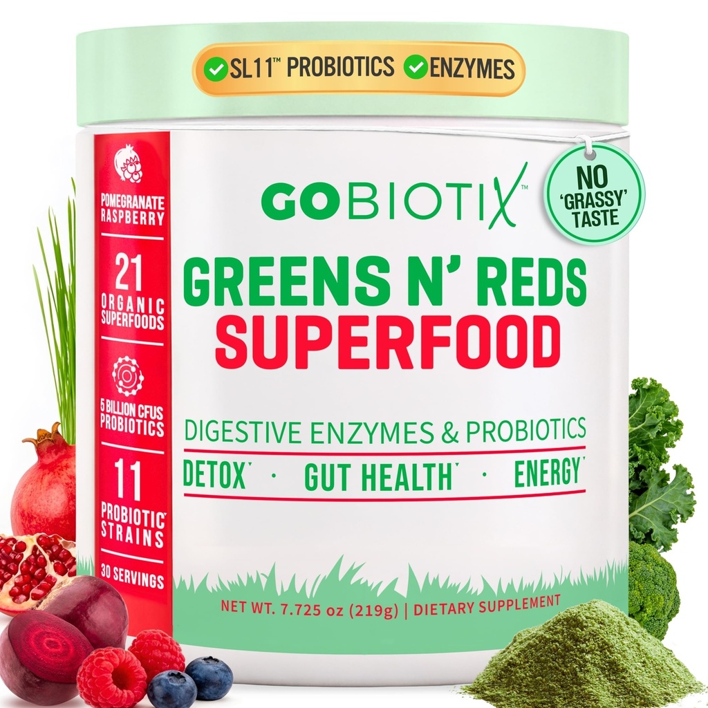 GOBIOTIX Super Zeleni in rdeči Powder - rdeča in zelena Superfood - Probiotični dodatek - Prebavne encimi in pesa koren prahu - Organic Cela živila Prehranska dopolnila (Pom Malina, 1 Pack)
