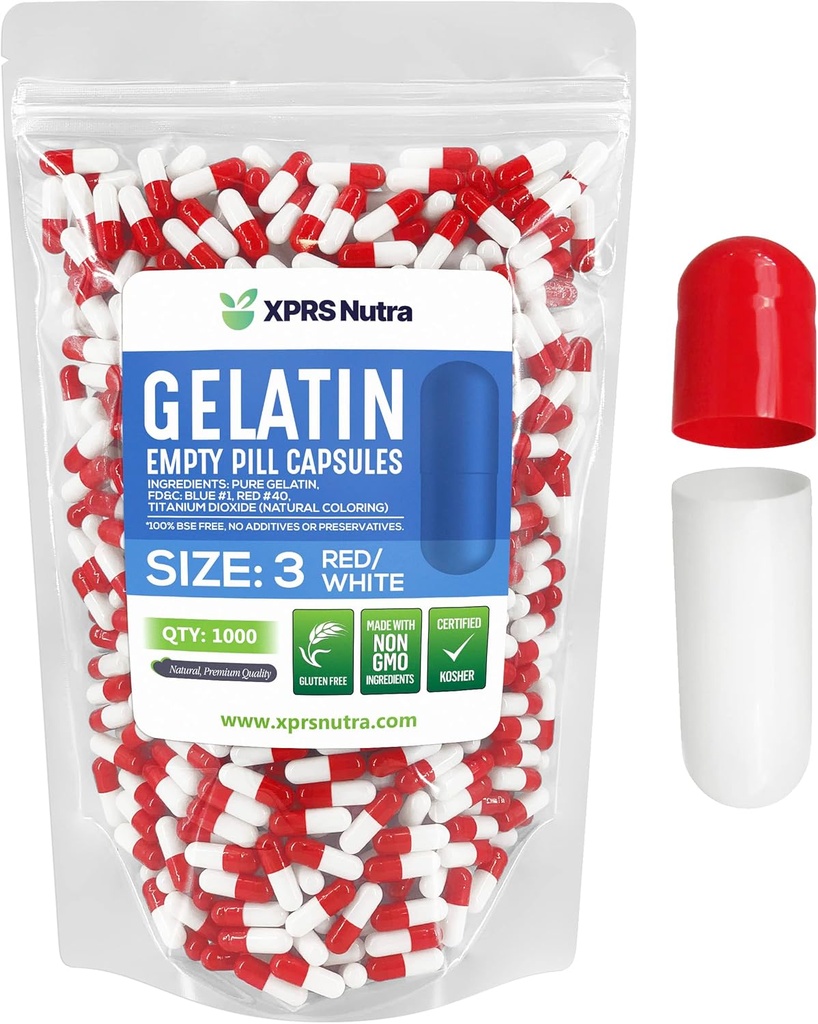 XPRS Nutra velikost 3 prazne kapsule - 1000 Število praznih kapsul želatina - tablete DIY Kapsule Polnjenje - Čiste kapsule Goveje tablete Gel Caps Napolnjeno za Do-it-Your-Your Vitamini in dodatki (rdeča/bela)