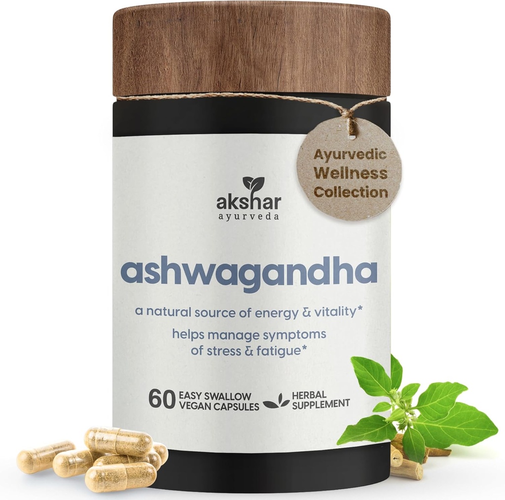Akshar Ayurveda - Ashwagandha kapsule z Ashwagandha Root Extract in Powder - Adaptogene Herbal Podpora za stres, Mood, Energija & Vitalnost - Vegan Cruelty-free Ashwagandha dodatki (60 grof)