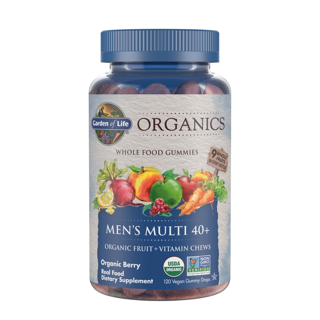 Garden of Life Organics Men 40+ Gummy Vitamini - Berry - Certified Organic, Non-GMO, Vegan, Kosher Complete Multi - Metil B12, C & D3 - Gluten, Soy & Dairy Free, 120 pravih sadnih gumijev