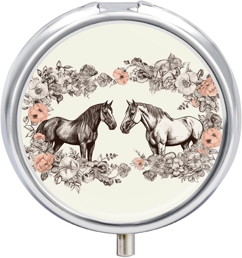 Round Metal Pill Box,Flowers in konji ročno črpana Tiskane Potovalne tablete Organizator Prenosne tablete Zabojnik tablete Majhne tablete Škatla za torbico in žep za shranjevanje vitaminov, zdravil in dodatkov