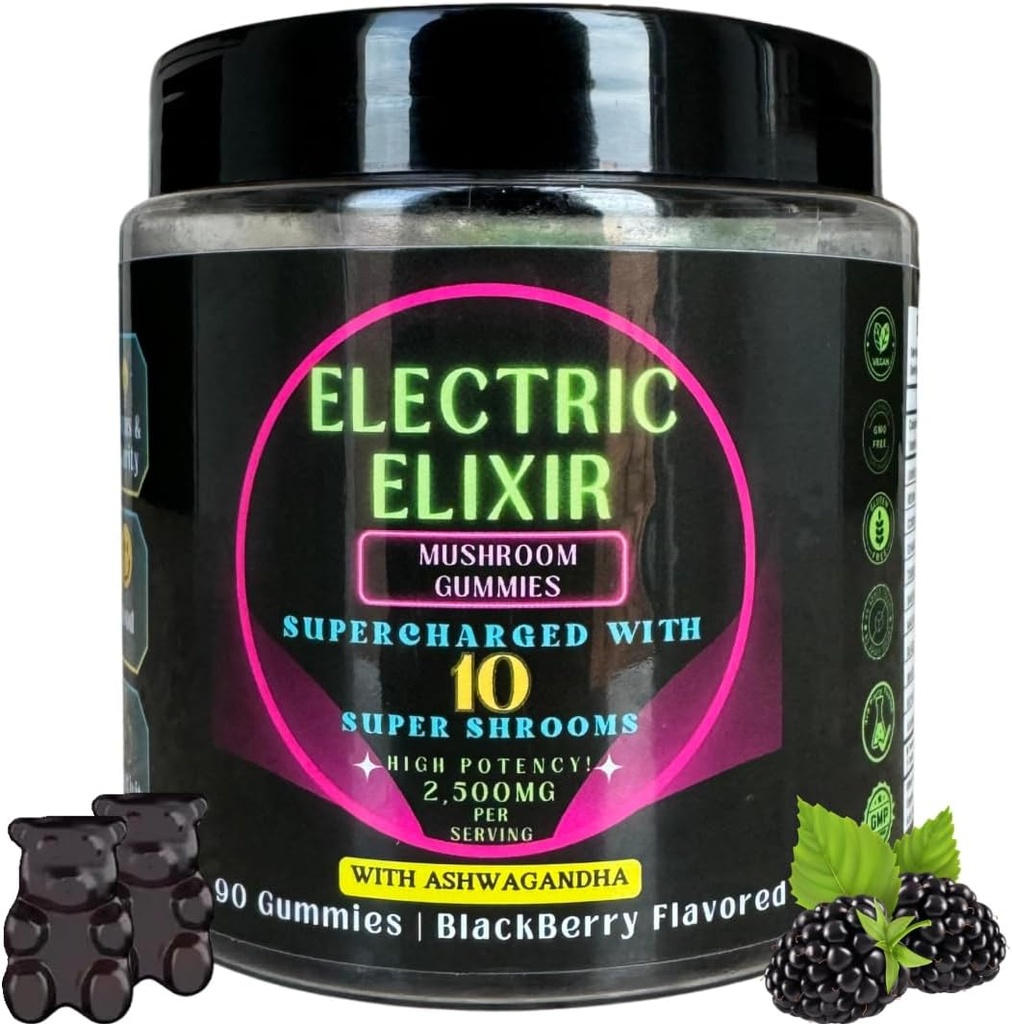 Lion's Mane & Ashwagandha Supplement Gobe Gumies - Organic, Vegan, Nootropic, GlutenFree - Celovit dodatek za fokus možganov, energije, Mood & Stamina - 10 Gobe Mešanica 90Count BlackBerry
