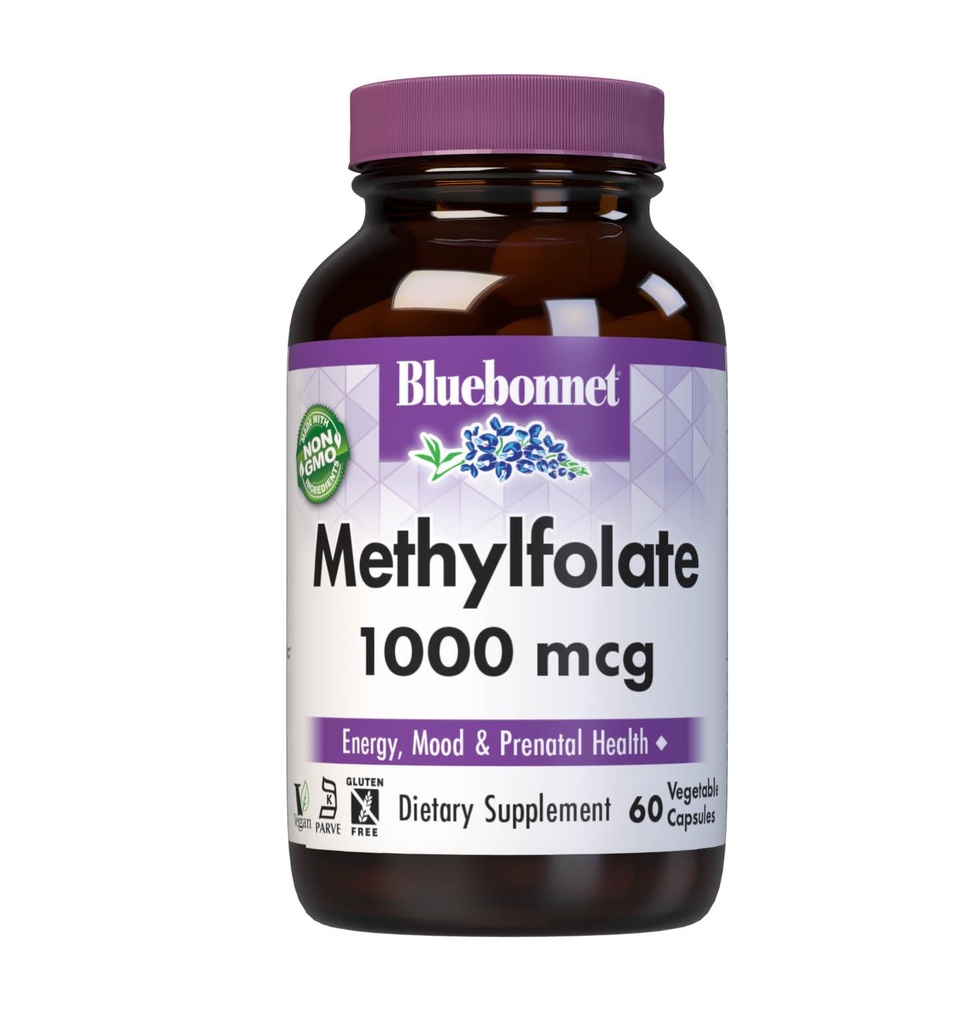 BlueBonnet Nutrition Metilfolate 1000 mcg, za energijo, razpoloženje in prenatalno zdravje*, Non-GMO, Vegan, Kosher Certified, Gluten-free, 60 Zelenjavne kapsule, 60 Servings
