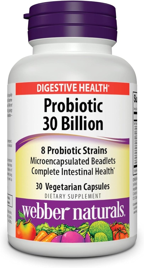 Webber Naturals Probiotics, High Potency, 30 milijard CFU, za moške, ženske in odrasle, police Stable (Ni zahtevano hlajenje), 8 probiotični sevi, 30 vegetarijanske kapsule, za prebavno zdravje