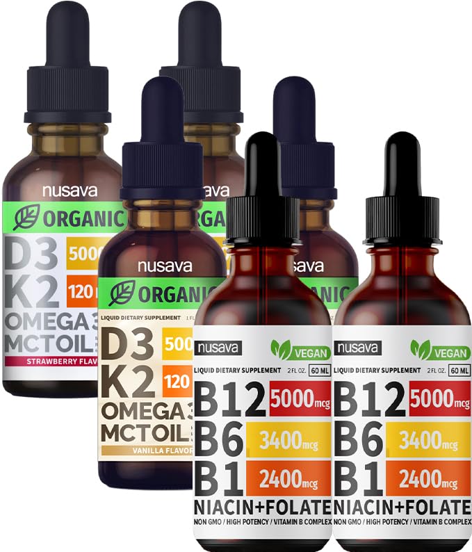 NUSAVA Vitamin B12 Tekoče kapljice Skodelica, Jagoda z okusom D3 K2, & Vanilla z okusom D3 K2 - Močni tekoči vitamini za srce, energijo, možgane in imunske podpore - Non-GMO, Gluten-free, 2pk vsak