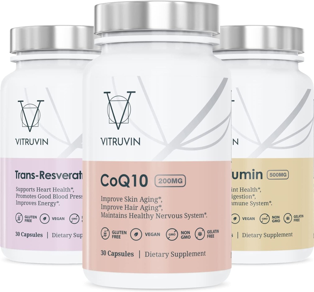 Vitruvin Beauty + Comfort Pack COQ10 200mg + Trans- Resveratrol 500mg + Curcumin 500mg, Vegan, Ne-GMO, Gluten-free, želatina-free. Zdrava koža, Lord, sklepi in možgani
