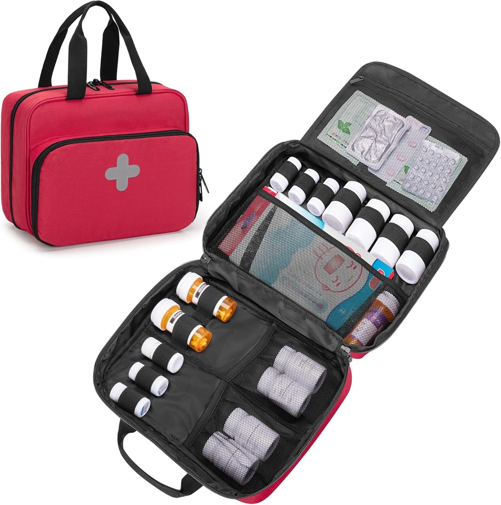 CURMIO tablete Bottle Organizator Prenosna Medicina vrečka, Zakleniti recept Steklenice za tablete, Vitamini, Medicinski dodatki za domačo shranjevanje in potovanja, Rdeča (Prazna medicina vrečka)