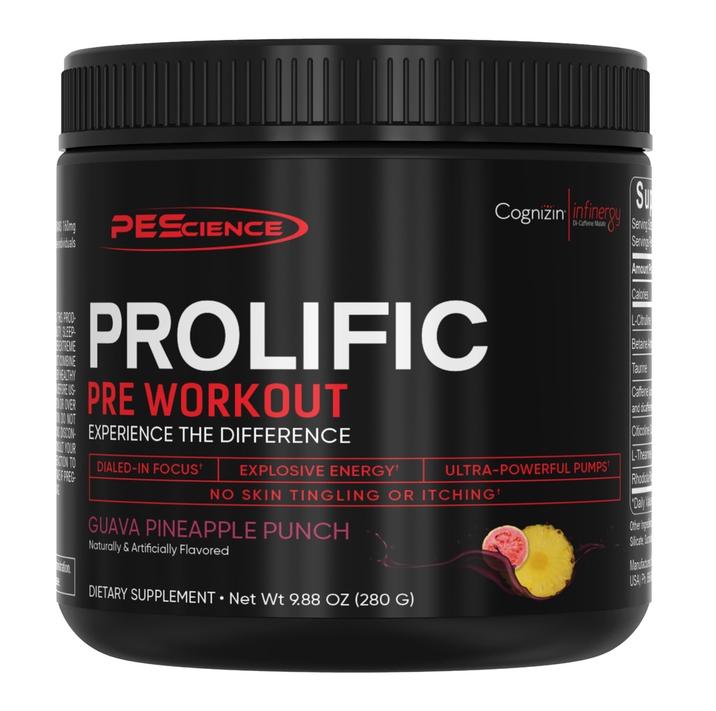 PEScience Prolific Pre Workout Prašek za moške in ženske z L-citrulin dušikov oksid Booster, Energy Powder & Nootropic for Focus – Preworkout brez Beta Alanine – 40 Scoops, Guava Ananapple Punch
