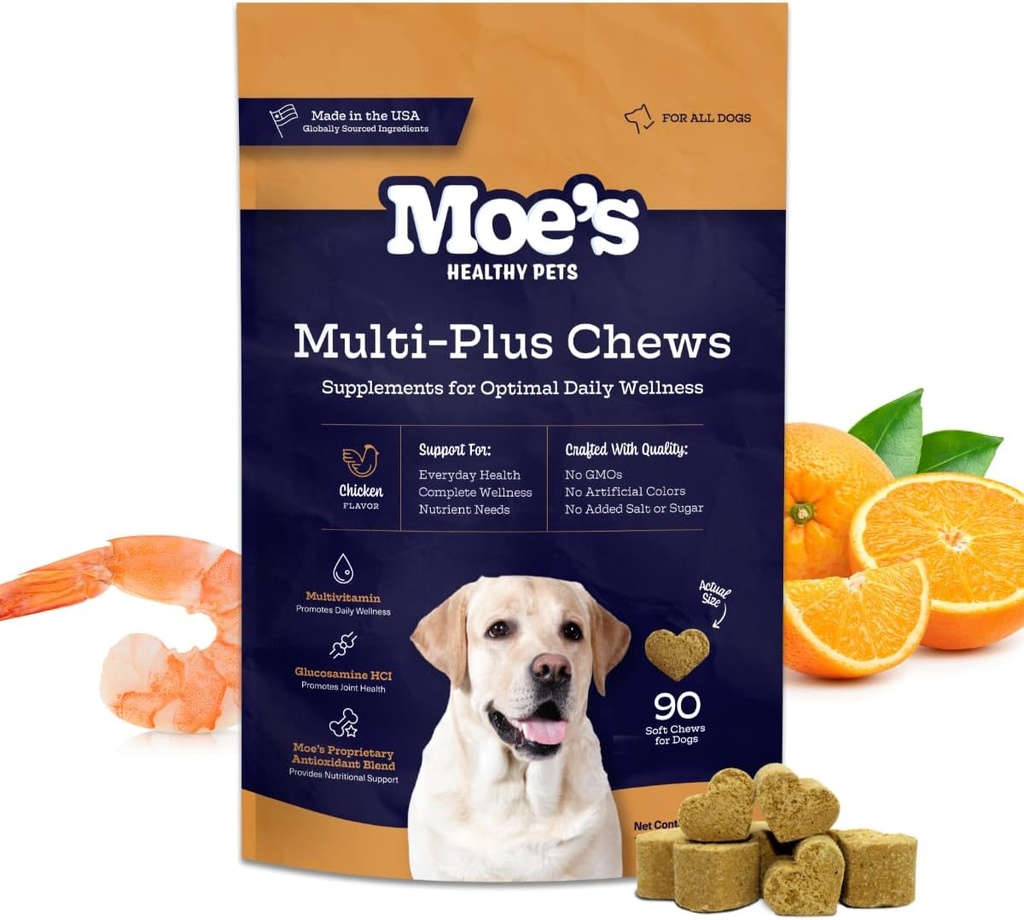 Moe je 5-v-1 Essential Dog Multivitaminski 90 Chicken Aroured Chews for Dog's Immune podporo, srce, koža, plašč, in splošno zdravje- Vitamini A, B12, C, D, E, Antioksidanti, Omega 3 za vse starosti in pasme