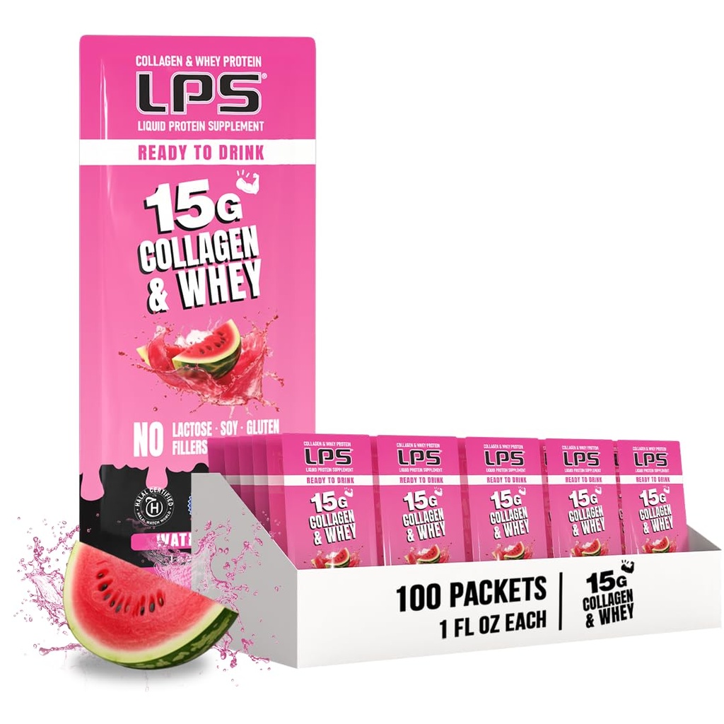 Nutritivni modeli LPS Liquid Collagen & Whey Protein Supplement - Ne-GMO Drink, Sugar-free - spodbuja zdravo kožo in lase za moške in ženske, lubenica, enojni serv (100 paketov)