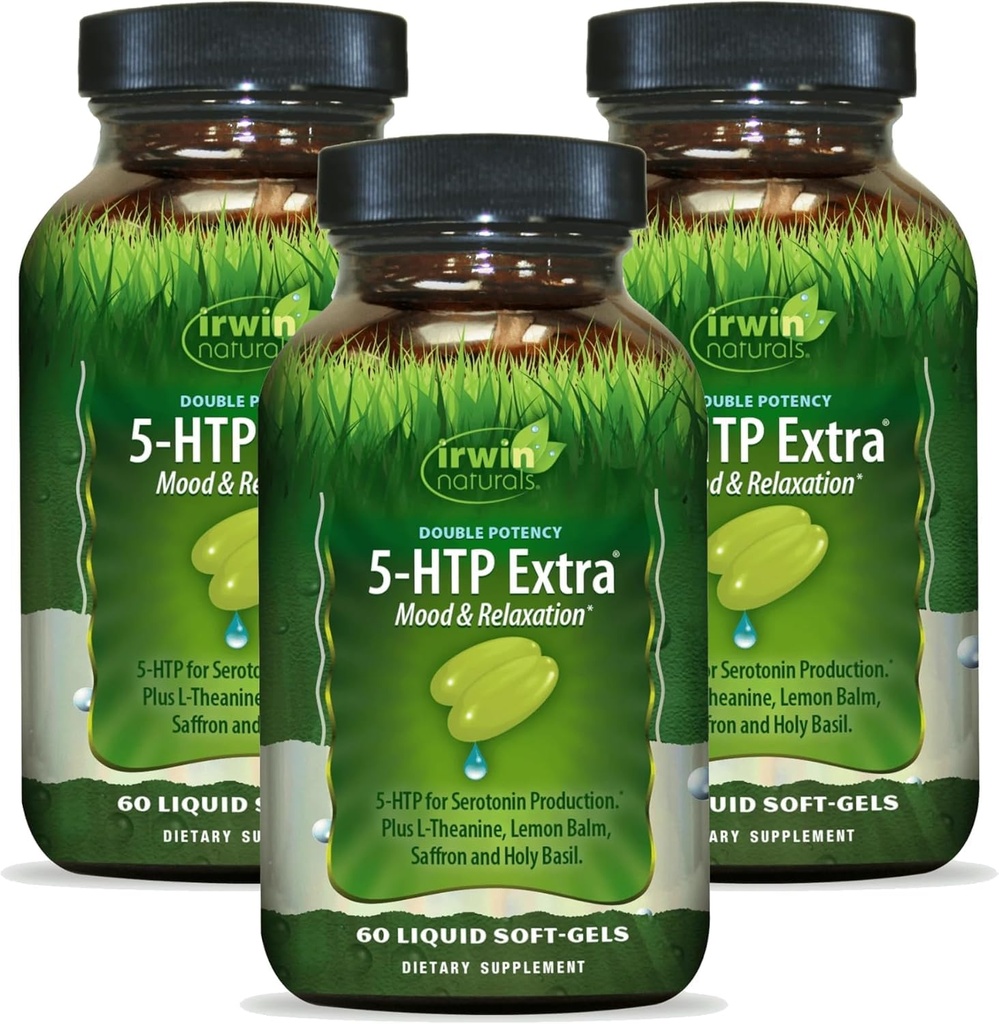 Irwin Naturals Double Potency 5-HTP Extra - 60 tekočih soft-Gels, Pack po 3 - za sprostitev in serotonin proizvodnje - 90 skupno serving