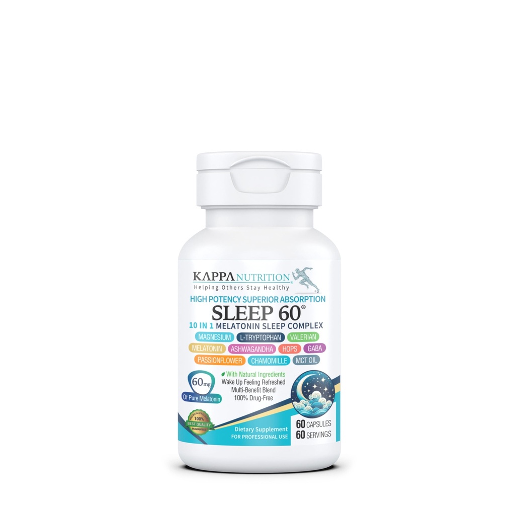 KAPPA NUTRITION Sleep 60, Sleep Aid, 60mg of Melatonin, 60-Day Supply, Non-Habit Forming Vegan Capsules Natural Ingredients for Easier Bedtime, Herbal Supplement, Valerian Root, Chamomile Non-GMO
