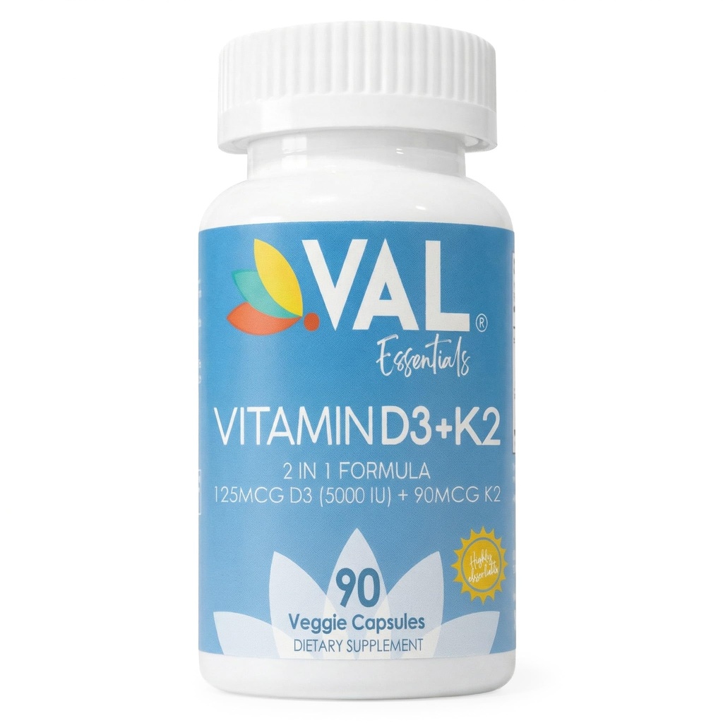 VAL Vitamin D3 + K2 (MK-7) 5000 i.e. & 90 μg – Podpora za zdravje kosti in srca – Visoka moč, ne-GMO, enostavno pogoltniti – 90 Veganskih kapsul – D3 K2 dodatek Made in USA