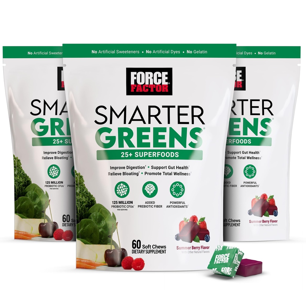 FORCE FACTOR Smarter Greens Superfood Chews, 3-Pack, Greens in Superfoods s probiotiki, antioksidanti, in Fiber, Greens dodatek za podporo digestion, dušikov oksid, in energije, 180 Chews