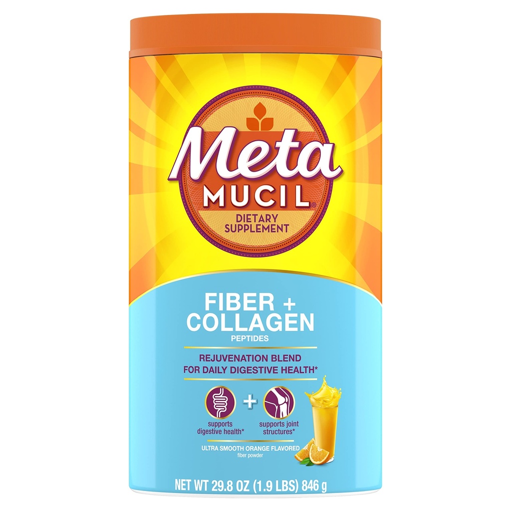 Metamucil Daily Fiber + Kolagen, Psyllium Husk Powder, Fiber Fiber dodatek na osnovi rastlin, Sugar-free z Stevia, 3-v-1 Fiber dodatek za digestivno zdravje, oranžna aromatizirana, 90 odmerkov