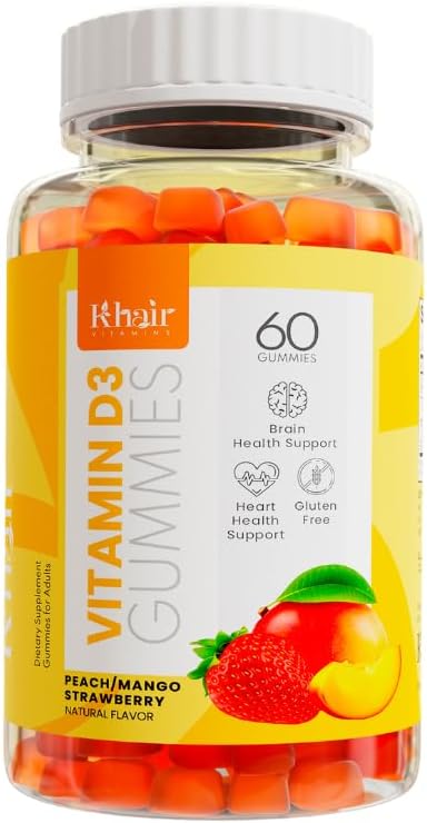 Khair Halal Vitamin D3 Gumiji za podporo kosti in mišic - ne-GMO, Gluten & želatina brezplačno, vegetarijansko, halal-Certified, naravni mango, Breskev in jagode Okusi - 60 Gumies