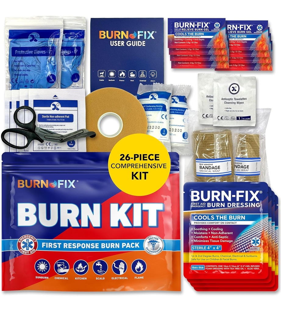 BurnFix® Burn Kit First Aid for Burns Emergency – 26-Piece Burn Treatment with Cooling Gel, Dressings & Rokavice – Kuhinja, Sunburn, Chemical & Scald Relief – Domov, Office, Travel