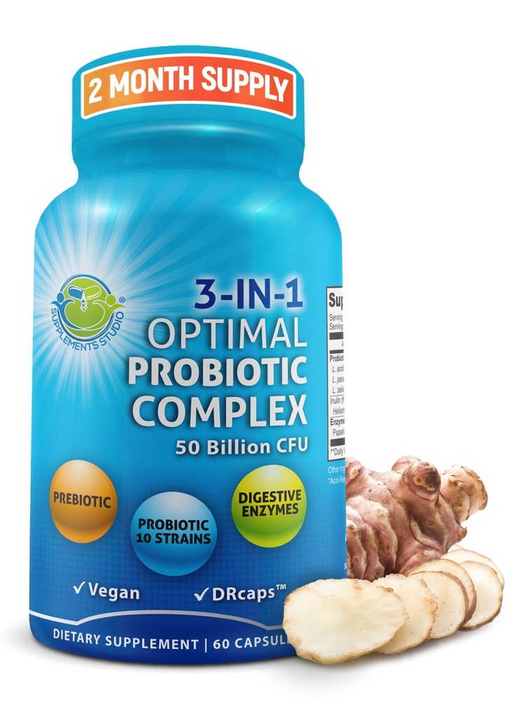 Probiotiki s prebavnimi encimi in prebiotiki za ženske in moške - 3- v-1 Veganski probiotični prebiotični multi encimski kompleks za zdravje črevesja - največje zapoznele absorpcijske kapsule