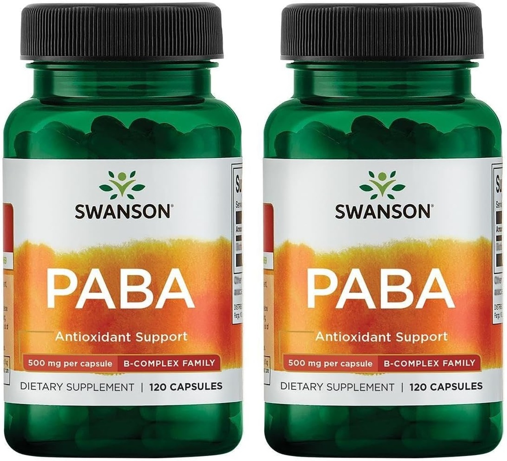Swanson PABA - Zmogljiv kompleks B, ki podpira nastajanje rdečih krvnih celic - Folna kislina komponenta za oskrbo s kisikom celic in podpora za zdravje kože - (120 kapsul, 500mg vsak) (2 paket)