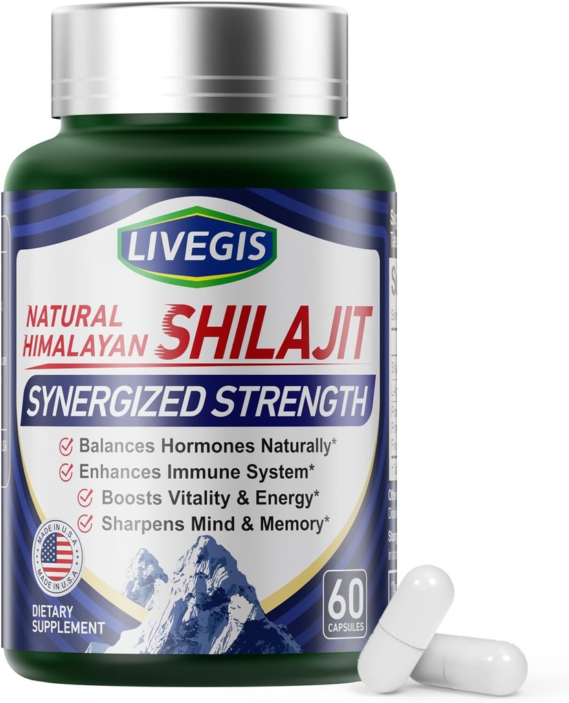 Himalajski Shilajit Kapsule Ravnotežje Hormoni, Boost Immuniteta, Izboljšati vitalnost in spomin, Visokopotezni dodatek z različnimi sestavinami,Nen-GMO Natural & Organic - 60 Counts
