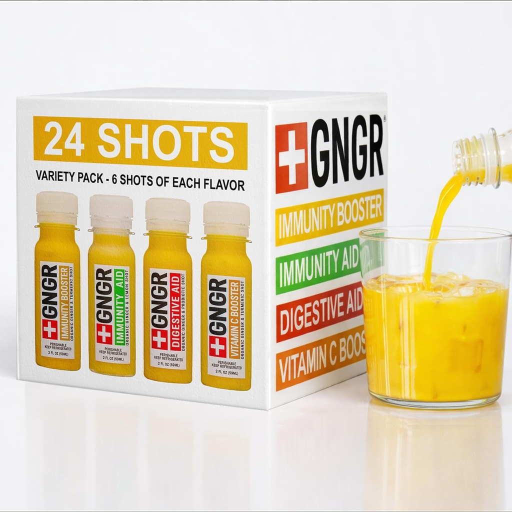 +GNGR 24 Shots Variety Pack of Organic Immunity Boosting Ginger Shots - Hladno stisnjeni Ginger Shots za vse naravne prebavne in imunske podpore - nič umetno - USDA Organic 2 fl oz (Pack of 24)