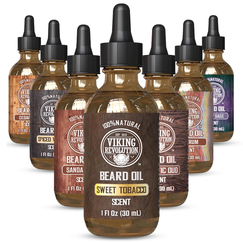 Viking Revolution Sweet Tobacco Beard olje za moške - Naravni moški Beard olje z arganovim oljem in Jojoba olje - Brada mehkejši, krepi in vlaži - Brada balzam za moške (Sweet Tobacco,1Pack)