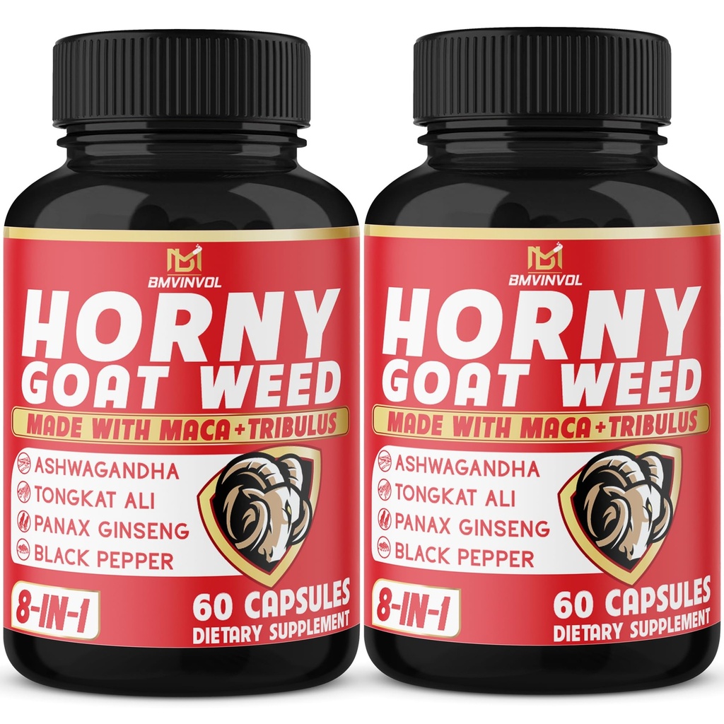 BMVINVOL (2 pakiranji) Kapsule horny koze plevela z Maca, Tribulus, Ginseng. Ashwagandha, Tongkat Ali - 8-v-1 za podporo ravni energije