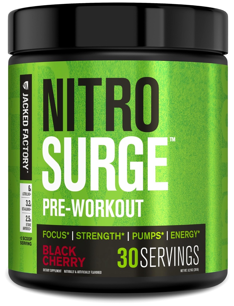 Jacked Factory NITROSURGE Pre Workout dodatek - Neskončna energija, Instant moč pridobi, Jasno fokus in intenzivne črpalke - NO Booster & Močni Preworkout Energy Powder - 30 Servings, Črna Cherry