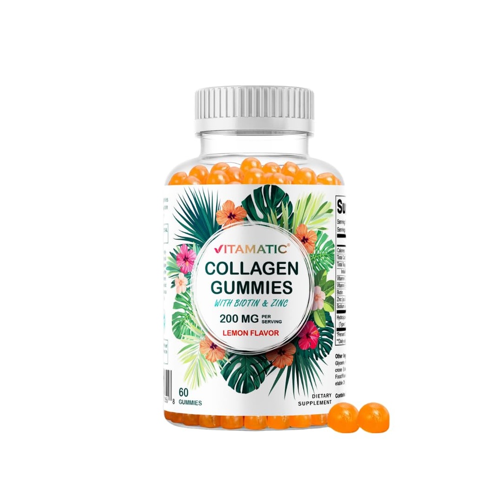 Vitamatski hidrolizirani kolagenski gumiji z vitaminom C, cinkom in biotinom, 200 mg - zdrava podpora koži - 60 gumijev