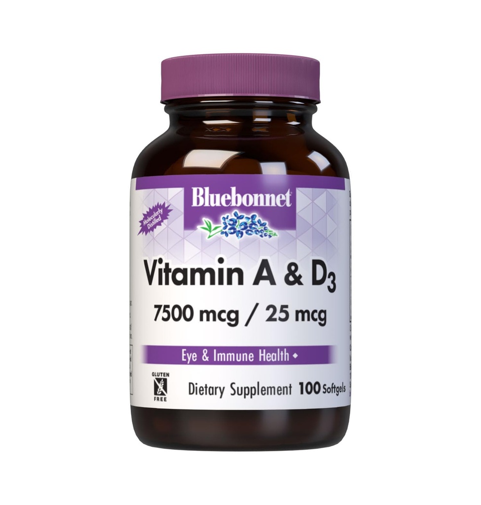 Bluebonnet Nutrition Vitamin A & D3 25.000 i.e./1.000 i.e. iz globokega morja, hladne vode, ribjega olja - za zdravje oči in imunske funkcije* - Gluten Free - mlečni izdelki - molekularno destilirani - 100 Softgel/Servings