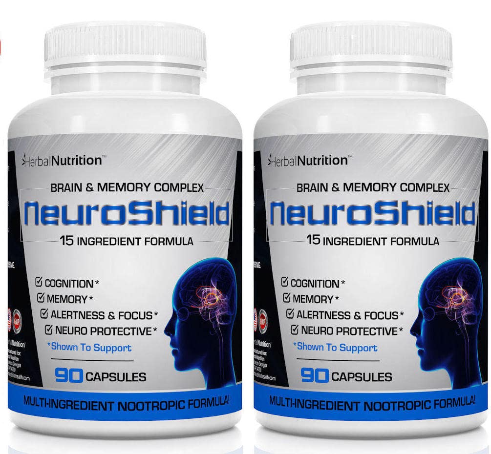 NeuroShield, Brain Supplement Nootropic Brain Booster in Memory Supplement, Vsebuje Huperzin A, Ginko Biloba, Bacopa Plus Antioksidanti za zdravje možganov, večsestavine, 2 steklenici, 180 kapsul