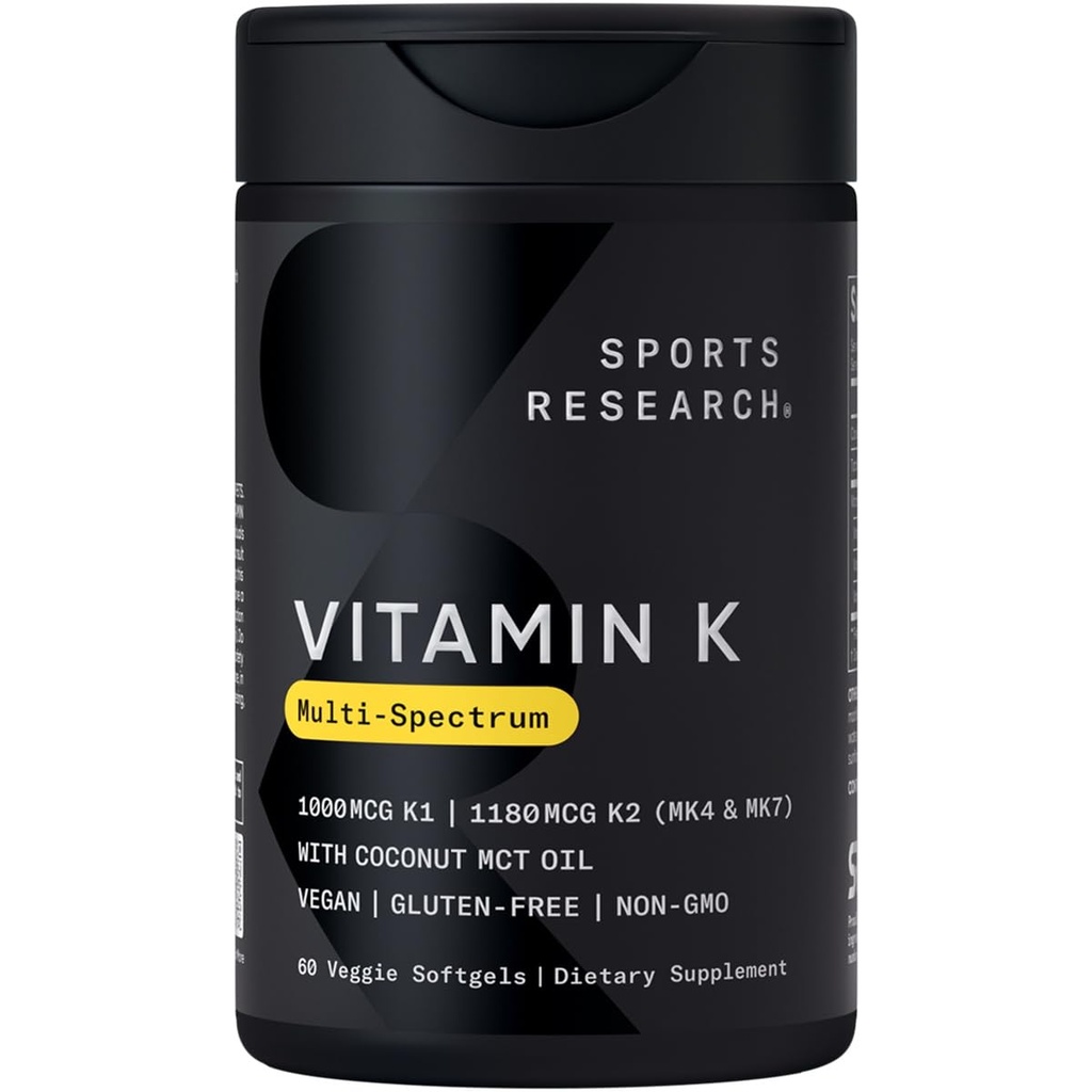 Športne raziskave Vitamin K Multi-Spectrum - tri vrste vitamina K: K1, K2 MK-4 & K2 MK-7 - Veganska, Plantgel kapsula - 60 mehkih kapsul