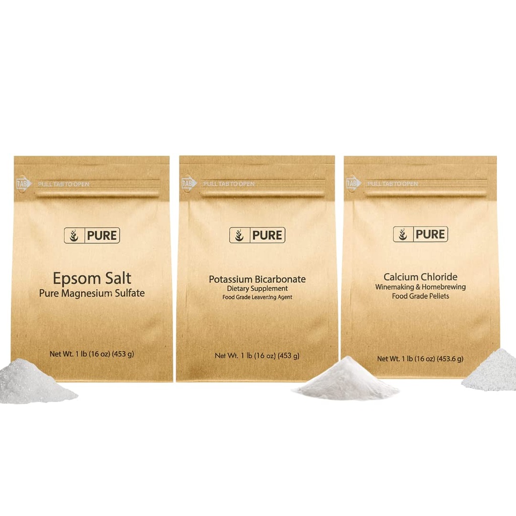 Čiste izvirne sestavine Kalijev bikarbonat, kalcijev klorid, & Epsom Salt Bundle, (1lb) Hrana varna, čiščenje in kuhanje