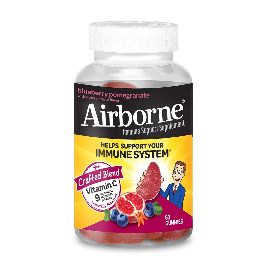 Airborne 750mg Vitamin C Gumies za odrasle, Imunska podpora dodatek z zmogljivimi antioksidanti Vitamini A C & E - 63 Gumies, borovnice Granatna aroma