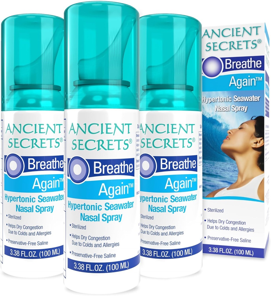 ANCIENT SECRETS Saline Nazal Spray - dih znova hipertonično morsko vodo Nazal Spray, Alergy & Sinus Relief, Nasal Congestion Vlažilnik, 3,38 Fl Oz (Pack 3)