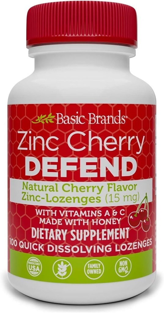 Osnovne blagovne znamke – Cink Cherry Defend - 100 Lozenges - Natural Cherry Flavor Cink–Lozenges - Imuni Boost, Cold Relief, Non-GMO, cinkov acetat in vitamin C - 2-Pack