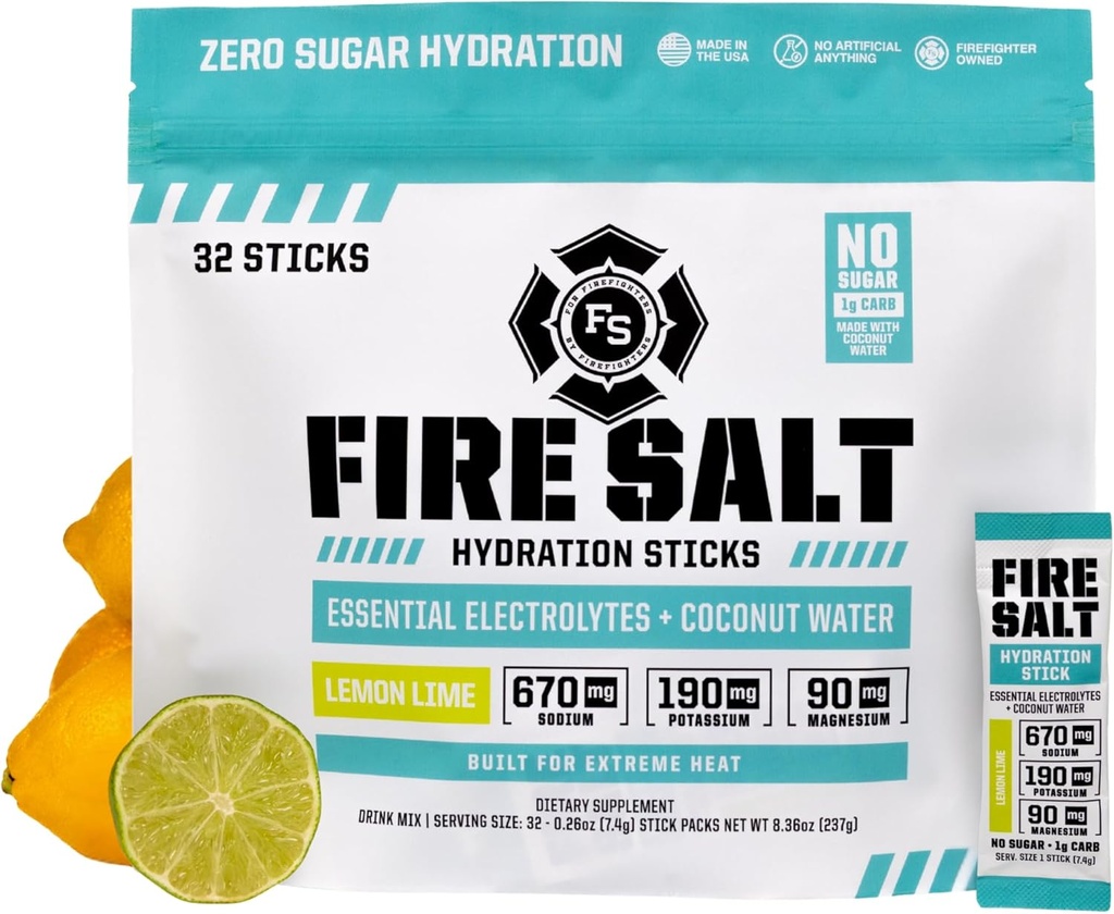 Fire Science Fire Salt Hydration palice, Elektroliti in kokos vode, Hidracijska pijača Mešamo z magnezijem, kalijem in natrijem, nič sladkorja, eno servo na Go Packs, limona limete aroma, 32 Count