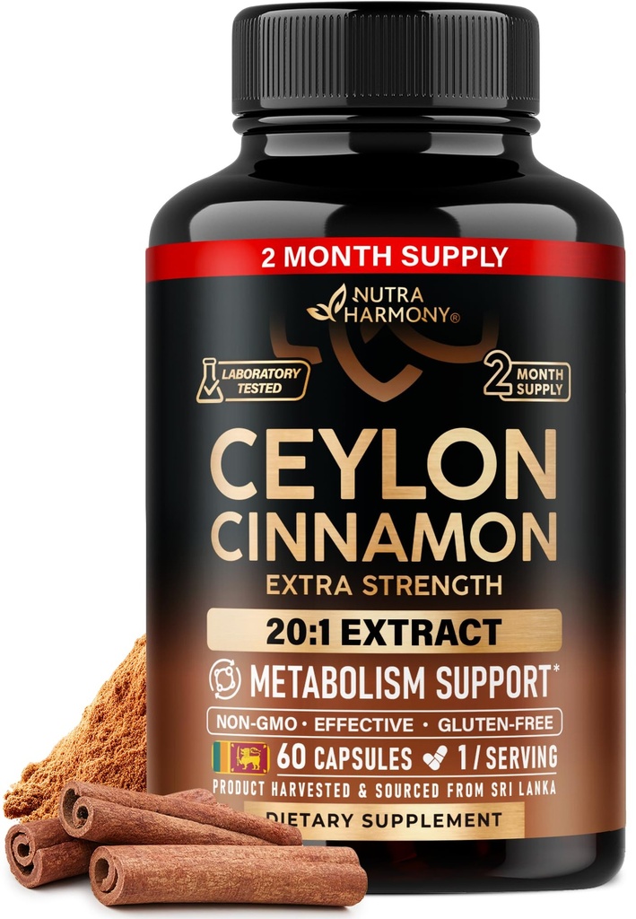 Ceylon Cimet Kapsule - Extra Jakost - Energija Srce in Presnova Podpora za moške in ženske - Čisti naravni cimet 20:1 Extract dodatek - GSO & Gluten Free - Izdelano v ZDA - 60 kapsul 2 mesec